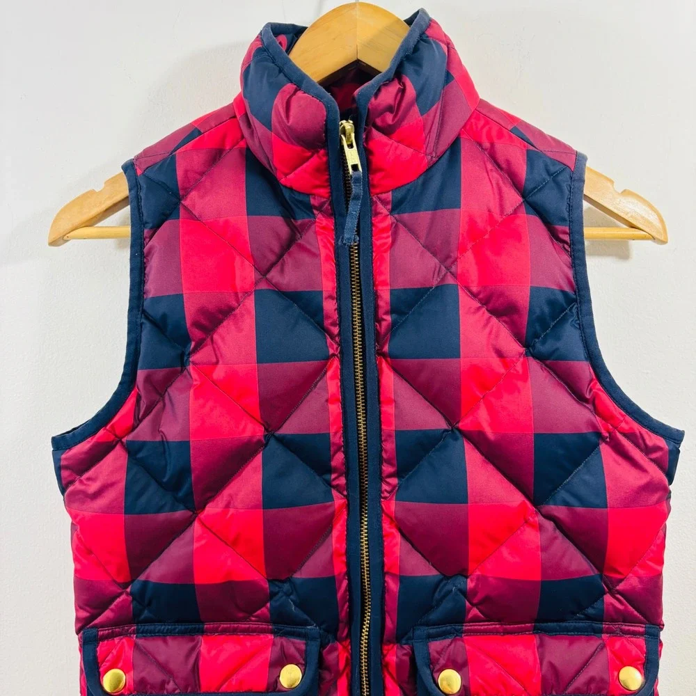 J. Crew Excursion Quilted Down Puffer Vest Red Navy Checker Pattern XXS‎